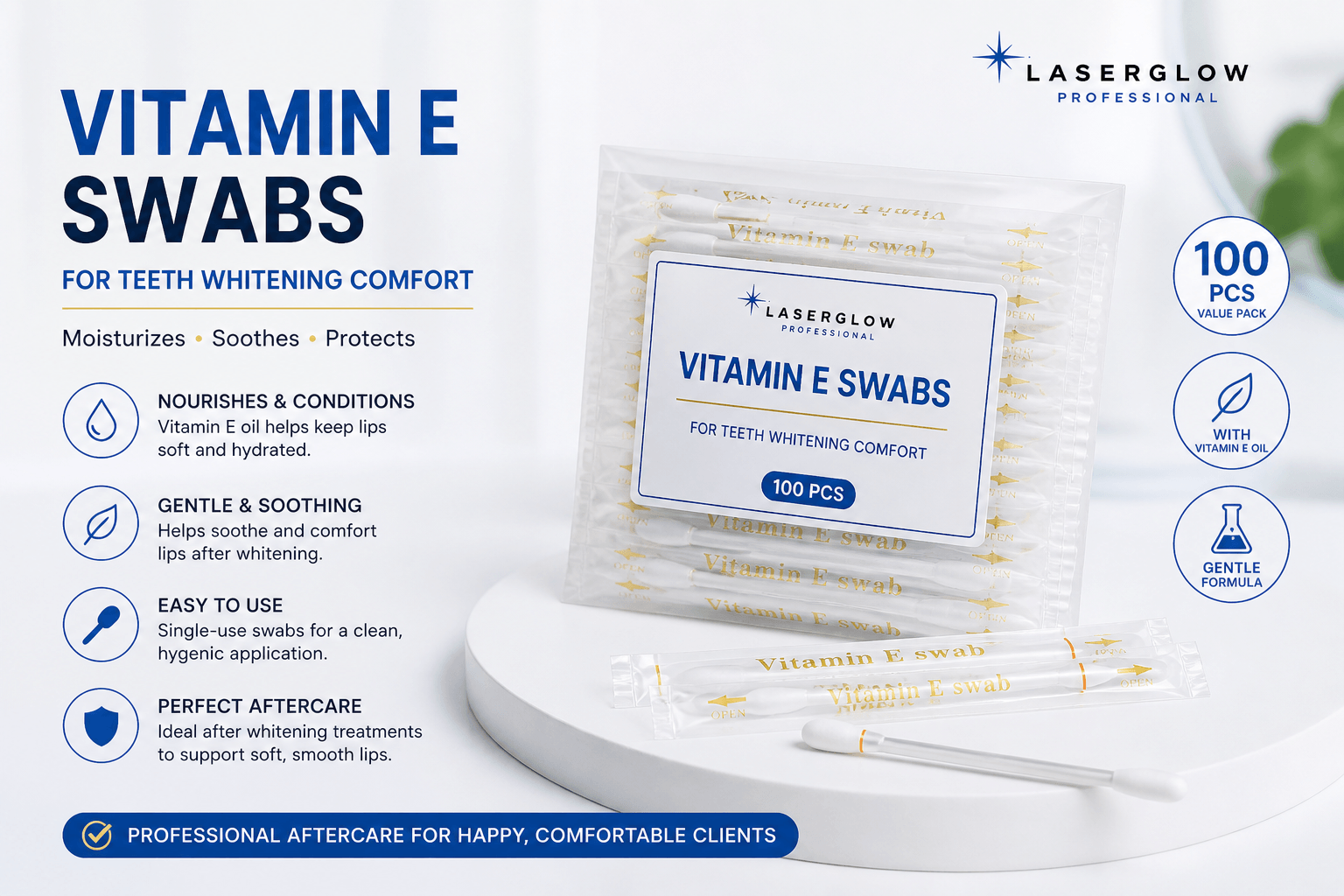 Vitamin E swabs 100 pack for teeth whitening aftercare, lip comfort, and professional whitening treatments