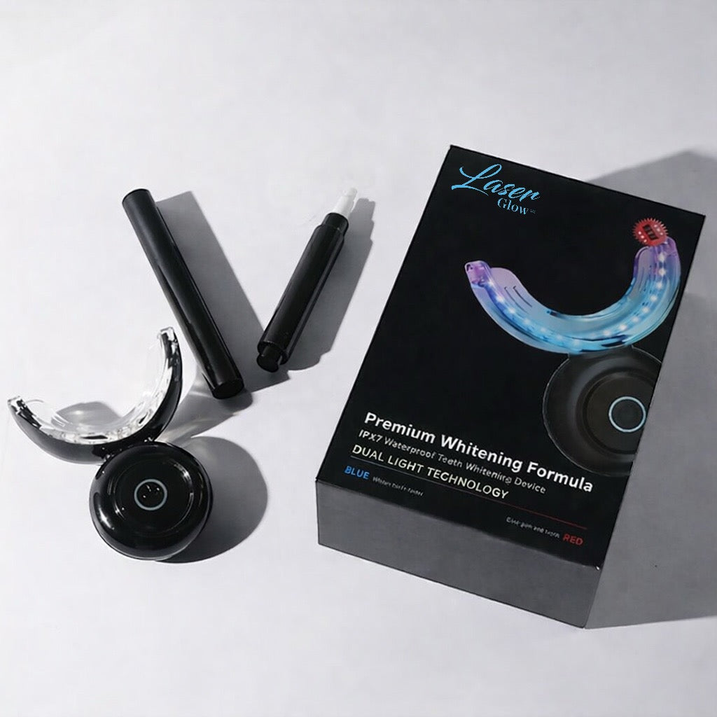 Wireless LED teeth whitening kit with LED mouth tray, whitening pen, charger, and product box for at-home teeth whitening.