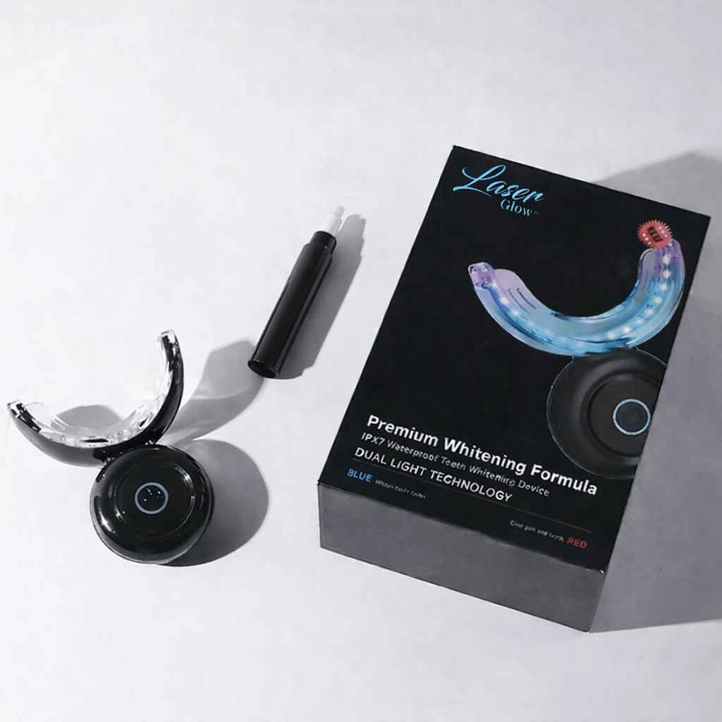 Wireless LED teeth whitening kit with LED mouth tray, whitening pen, charger, and product box for at-home teeth whitening.