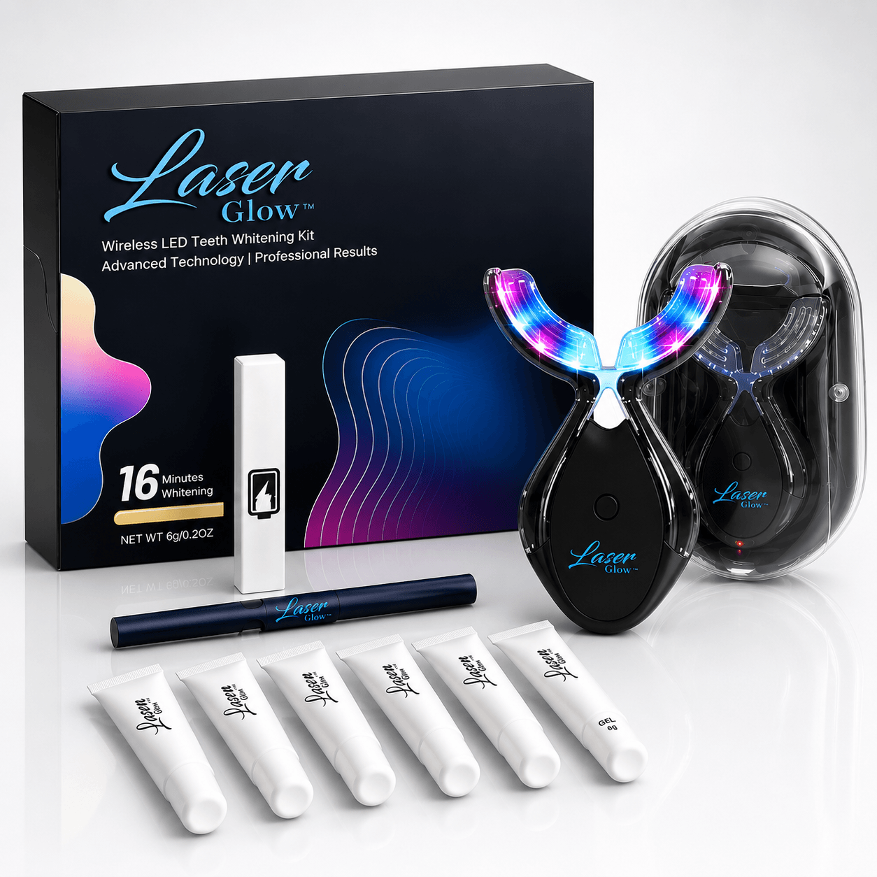 Wireless LED Teeth Whitening Kit with UV Sterilizer & 44% Carbamide Peroxide