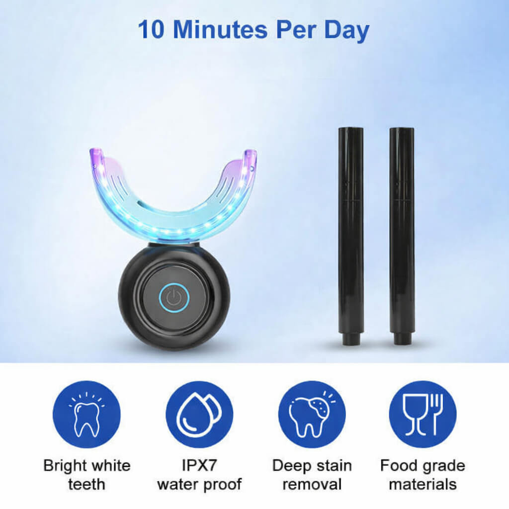 Wireless LED teeth whitening kit with LED mouth tray, charger, and whitening pens for fast at-home teeth whitening.