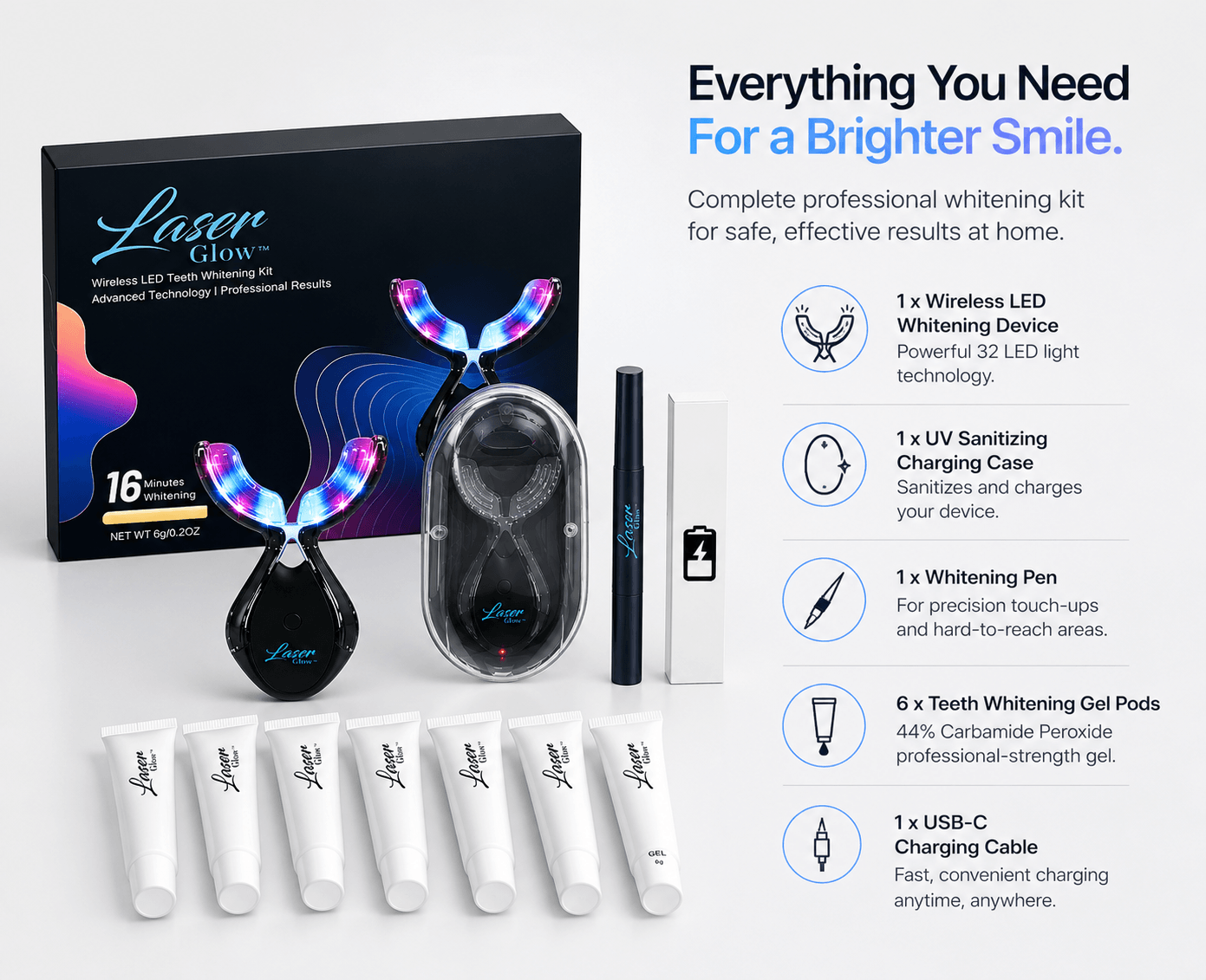 LaserGlow wireless LED teeth whitening kit with UV sanitizing charging case, 6 teeth whitening gel pods, 44% carbamide peroxide gel, whitening pen, USB-C charging cable, and LED mouth tray.
